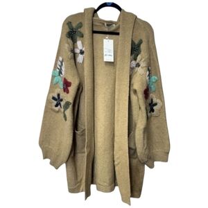 Simply Couture Long Line Floral Embodery  Bohemine Cardigan Tan Medium Large